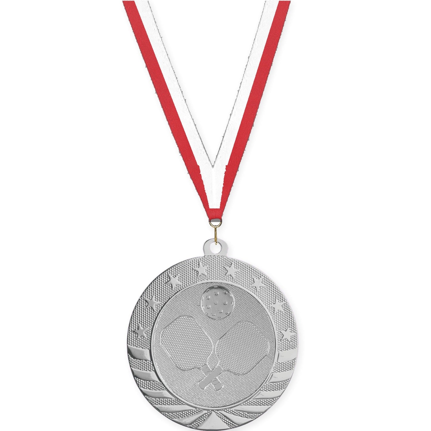 2 3/4 inch pickleball Starbrite medal in bright silver with Red White neck ribbon