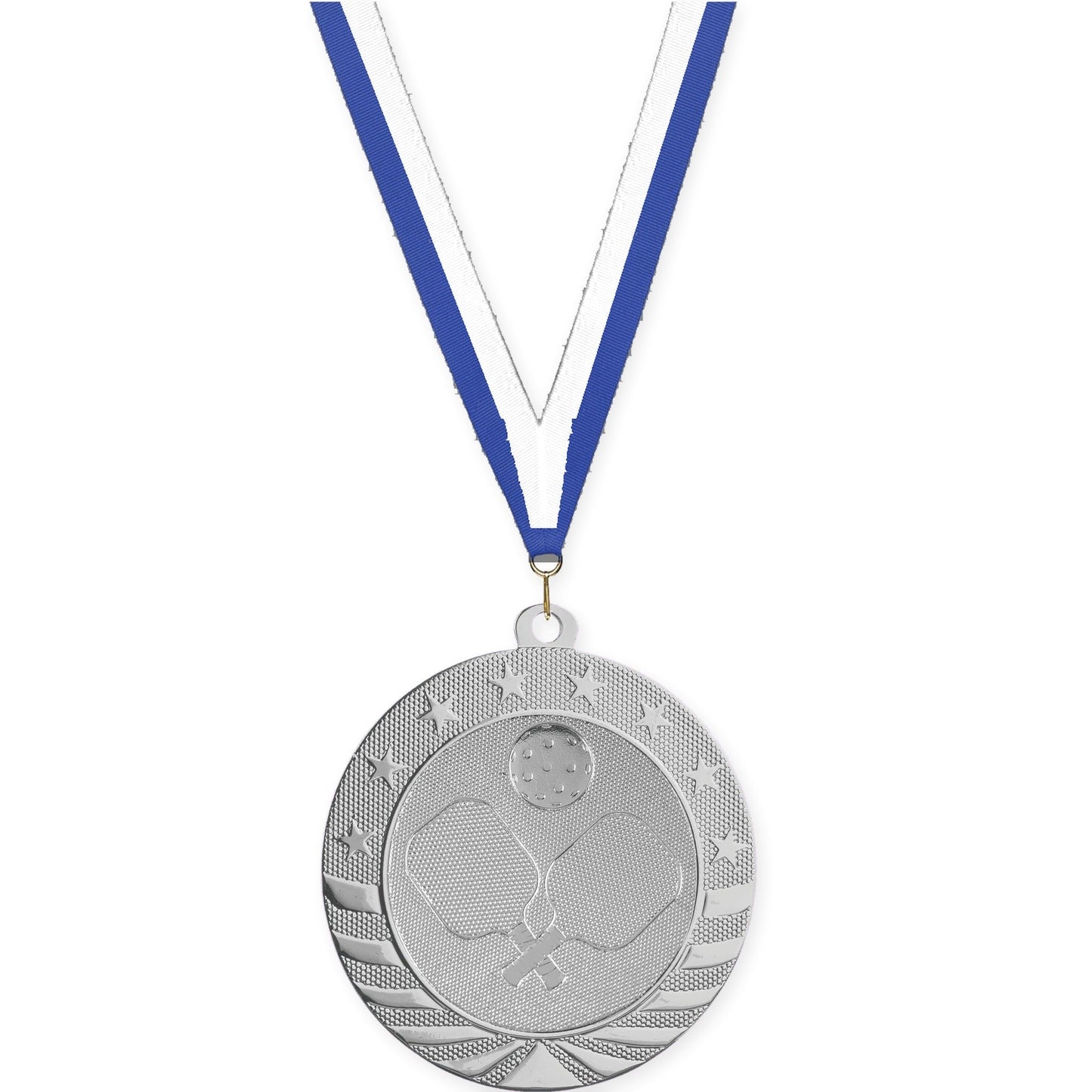 2 3/4 inch pickleball Starbrite medal in bright silver with Blue White neck ribbon