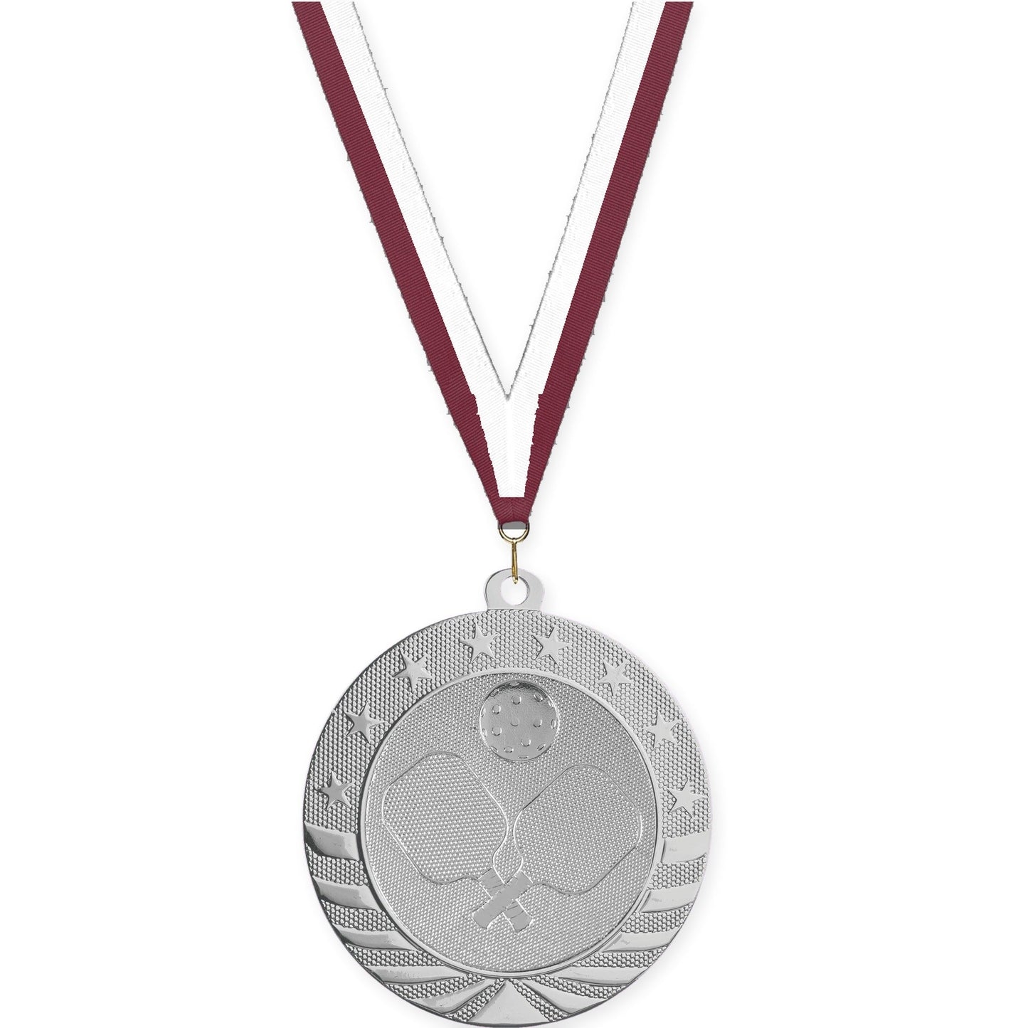 2 3/4 inch pickleball Starbrite medal in bright silver with Maroon White neck ribbon