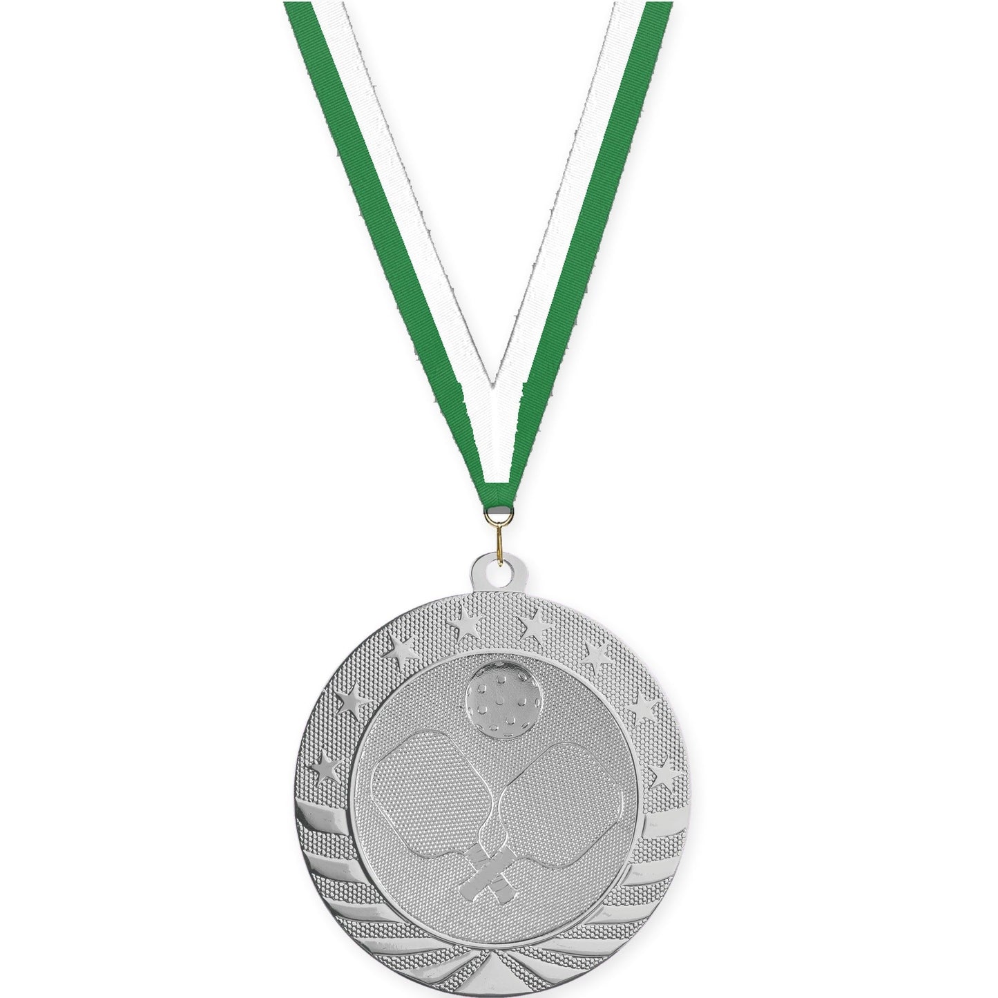 2 3/4 inch pickleball Starbrite medal in bright silver with Green White neck ribbon