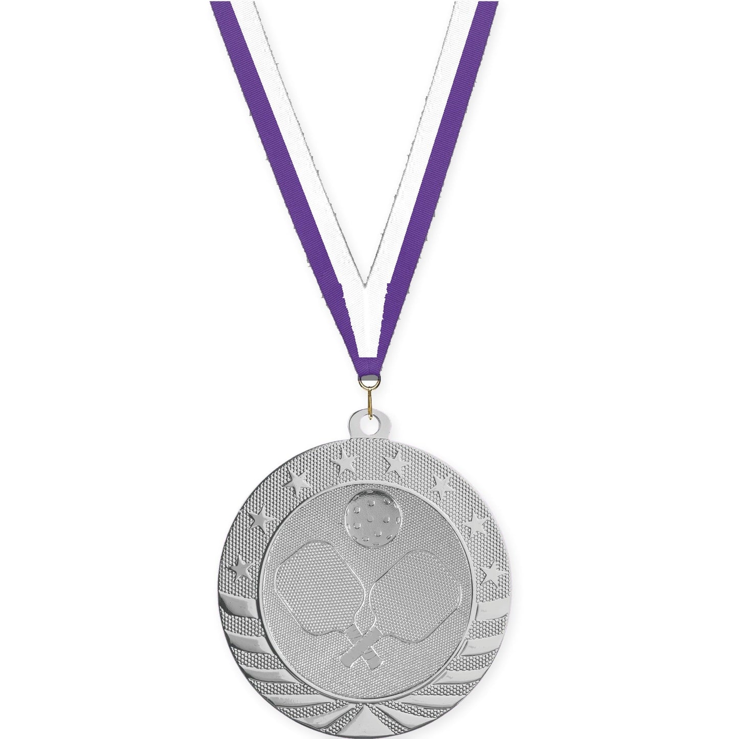 2 3/4 inch pickleball Starbrite medal in bright silver with Purple White neck ribbon