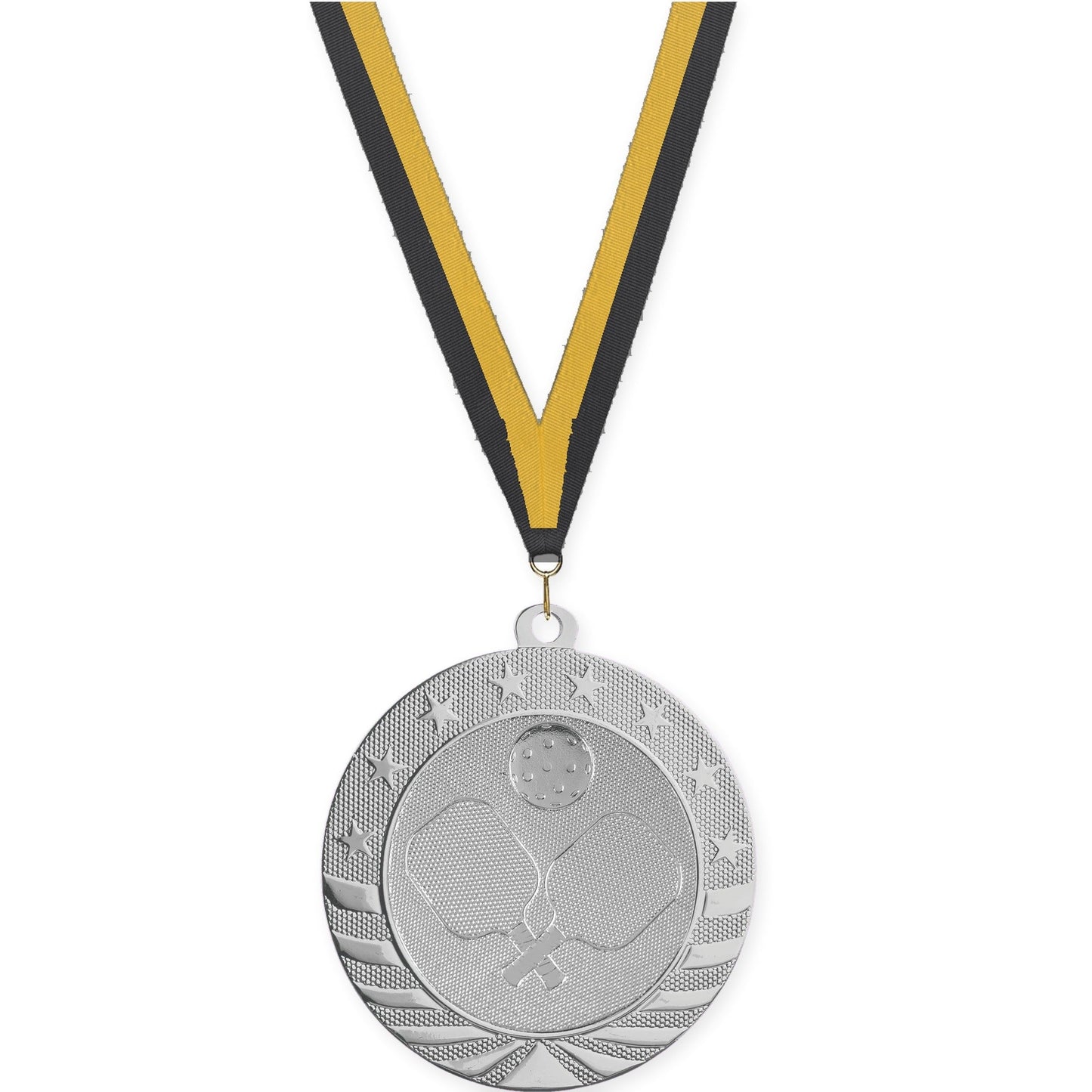 2 3/4 inch pickleball Starbrite medal in bright silver with Black Gold neck ribbon