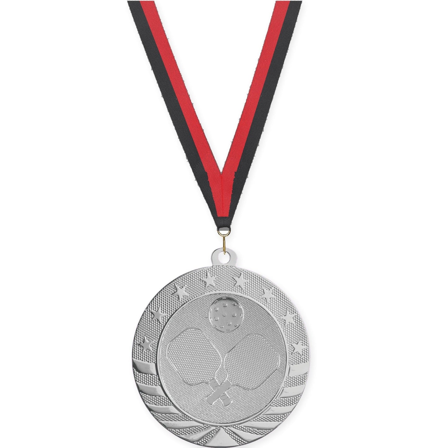 2 3/4 inch pickleball Starbrite medal in bright silver with Black Red neck ribbon