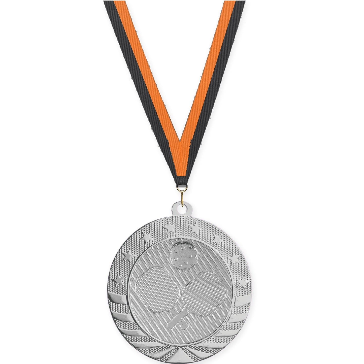 2 3/4 inch pickleball Starbrite medal in bright silver with Black Orange neck ribbon