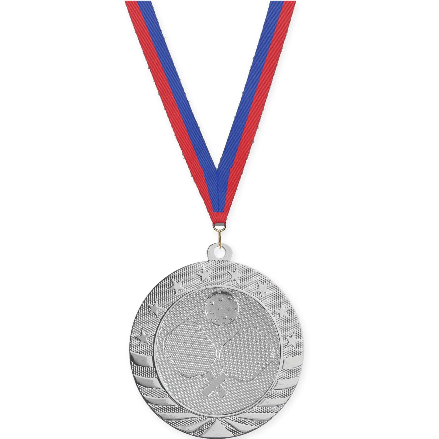 2 3/4 inch pickleball Starbrite medal in bright silver with Blue Red neck ribbon