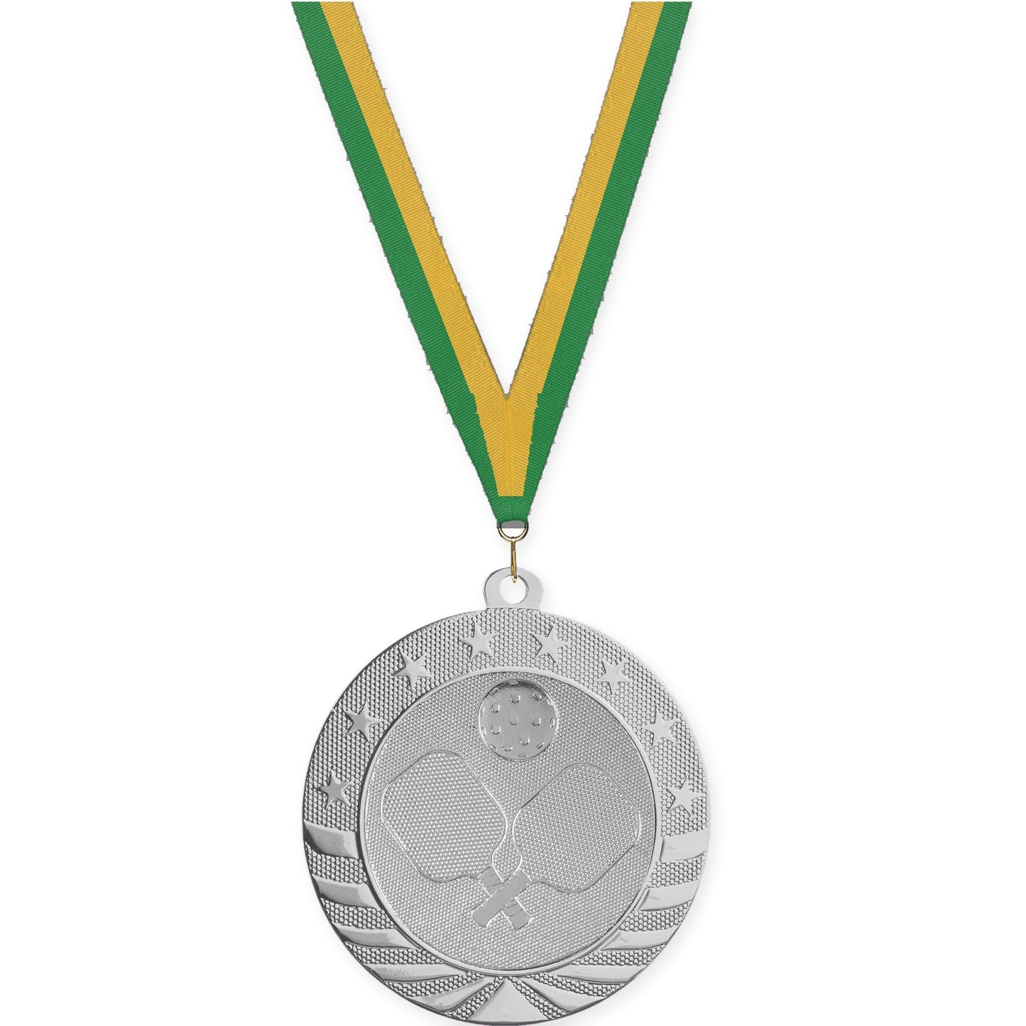 2 3/4 inch pickleball Starbrite medal in bright silver with Green Gold neck ribbon