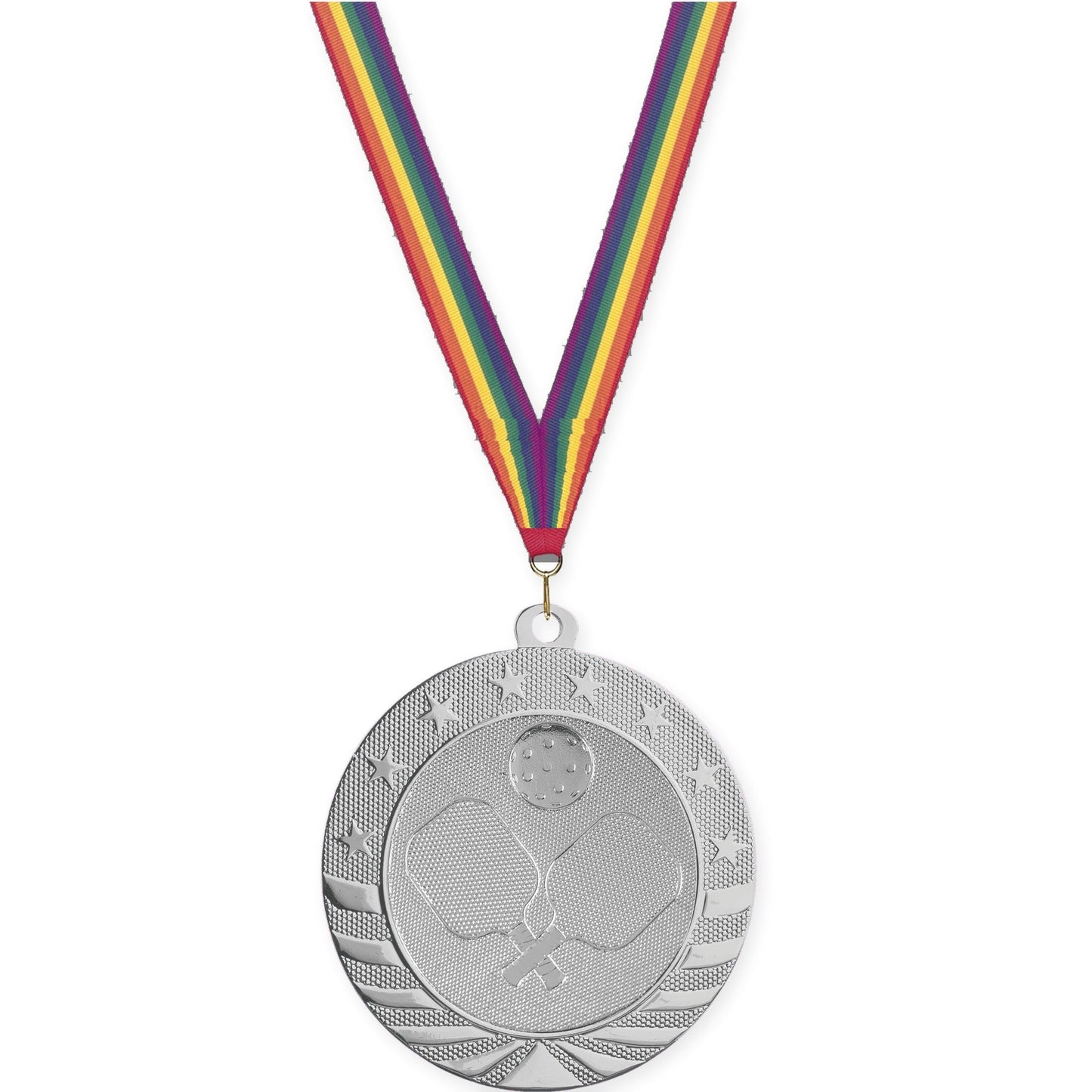 2 3/4 inch pickleball Starbrite medal in bright silver with Rainbow neck ribbon