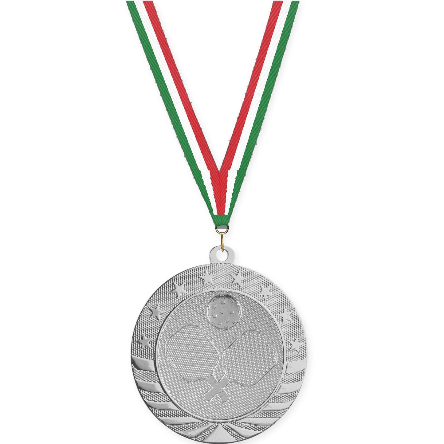 2 3/4 inch pickleball Starbrite medal in bright silver with Green White Red neck ribbon