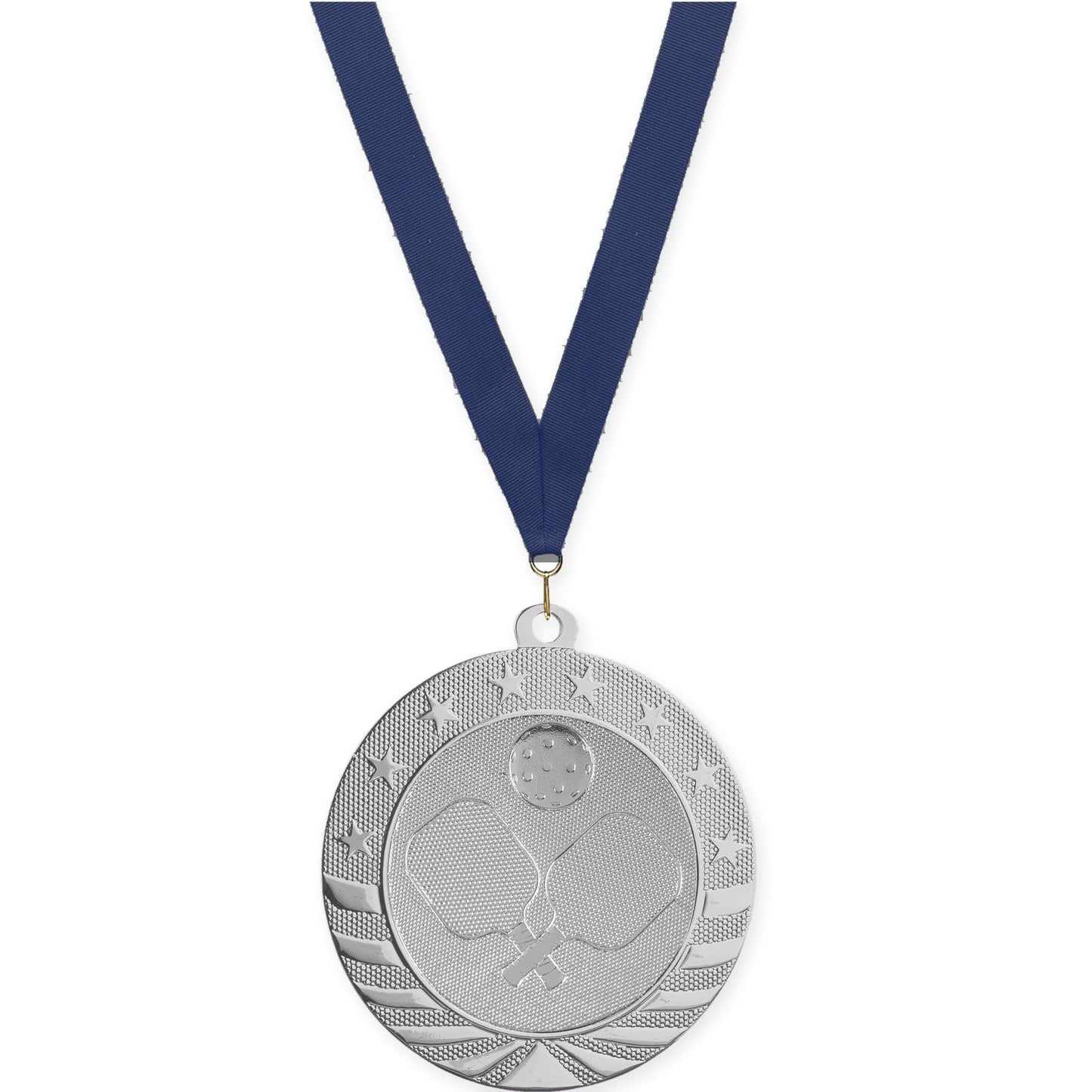 2 3/4 inch pickleball Starbrite medal in bright silver with Navy neck ribbon