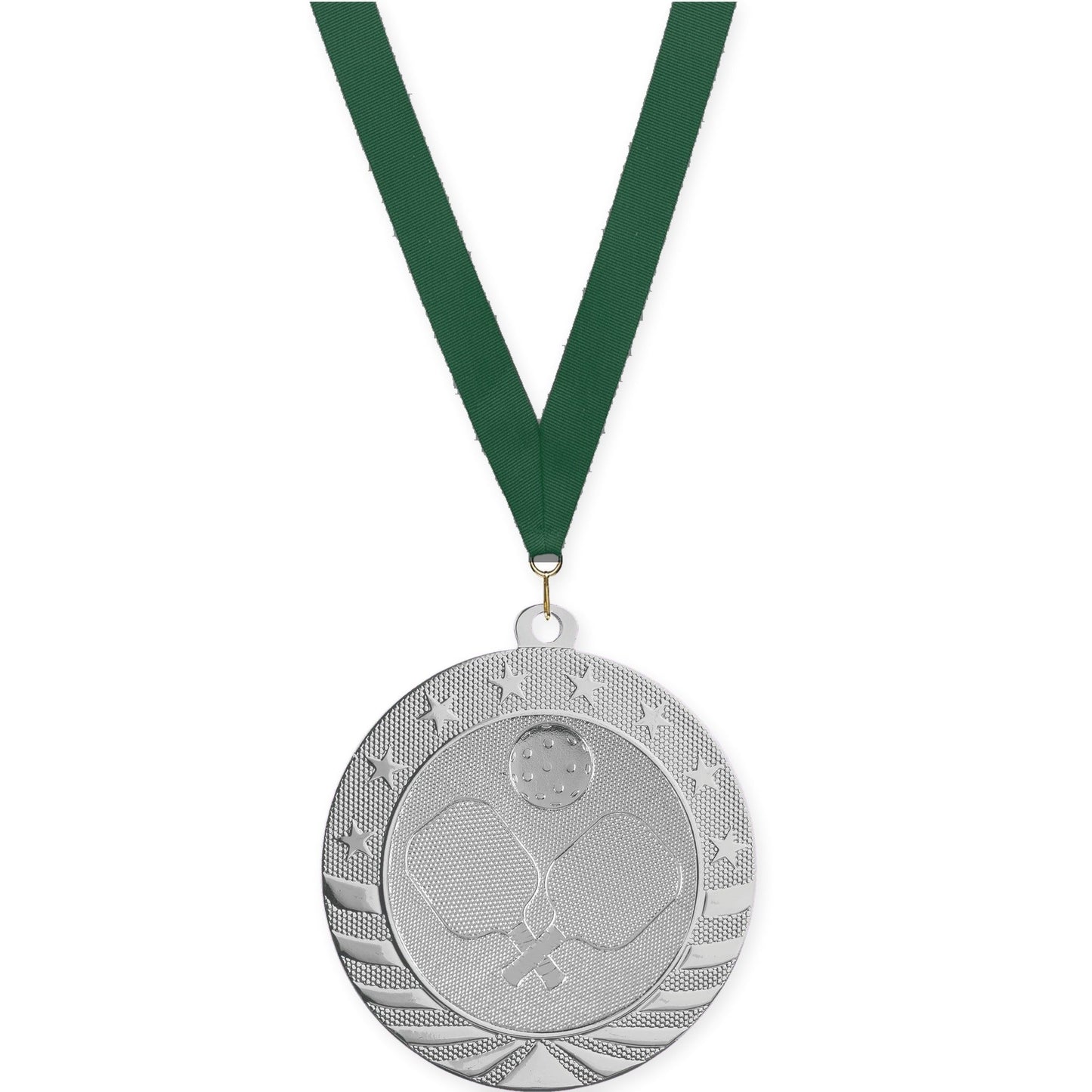 2 3/4 inch pickleball Starbrite medal in bright silver with Hunter Green neck ribbon