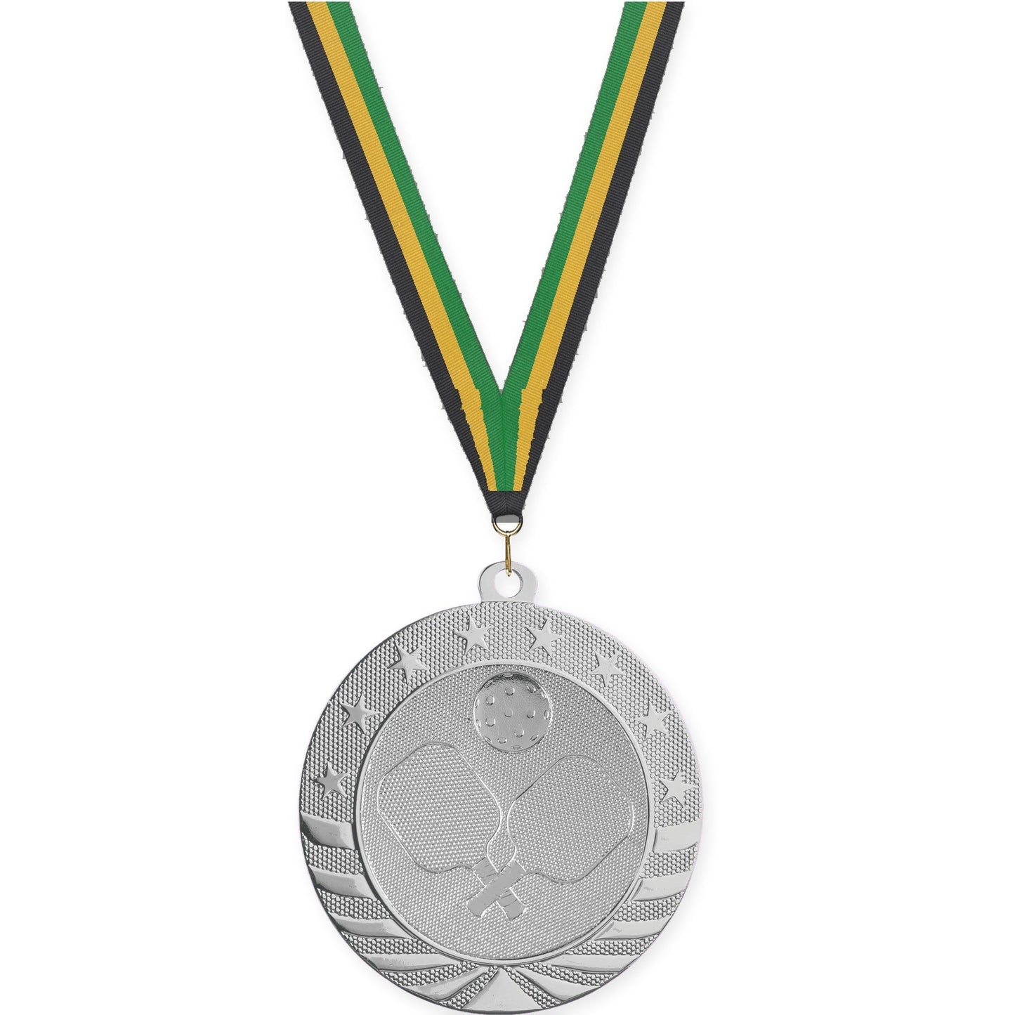 2 3/4 inch pickleball Starbrite medal in bright silver with Black Gold Green neck ribbon