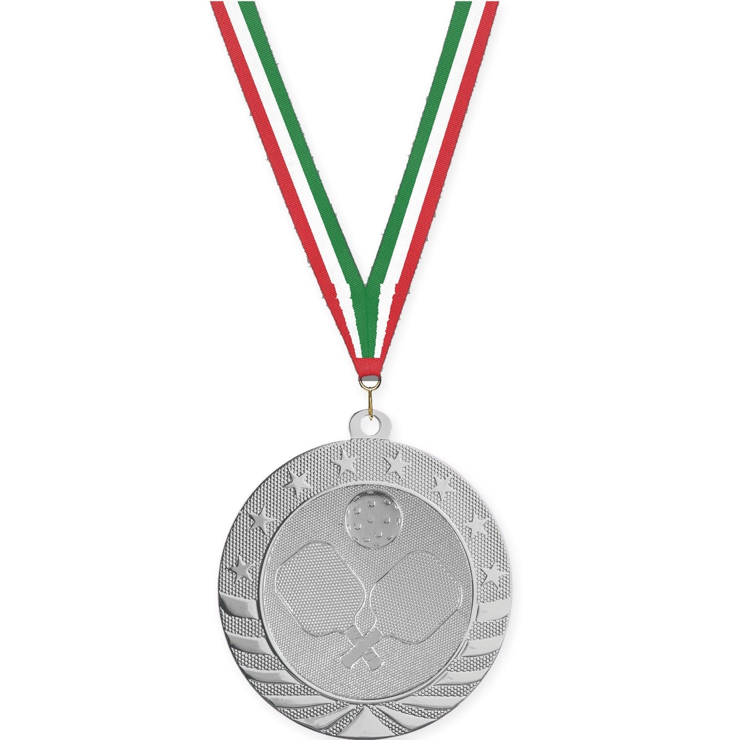 2 3/4 inch pickleball Starbrite medal in bright silver with Red White Green neck ribbon