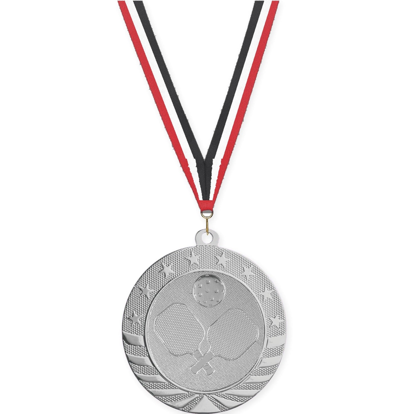 2 3/4 inch pickleball Starbrite medal in bright silver with Red White Black neck ribbon