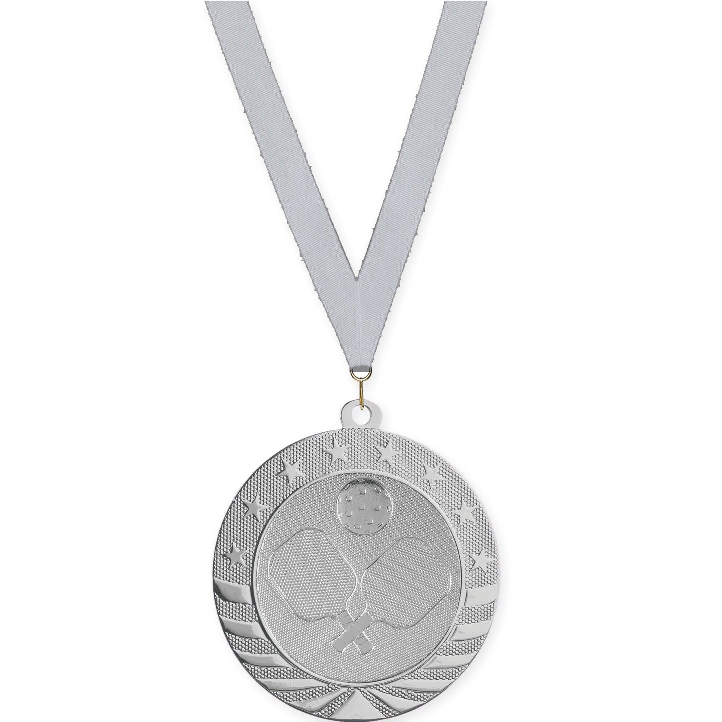 2 3/4 inch pickleball Starbrite medal in bright silver with Silver Metallic neck ribbon