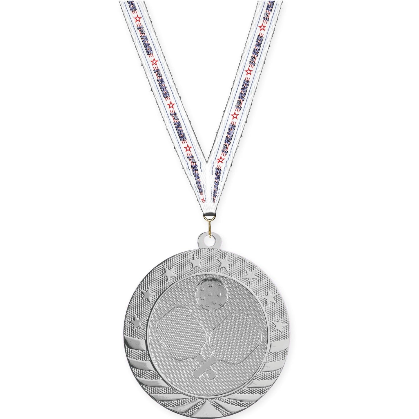 2 3/4 inch pickleball Starbrite medal in bright silver with 1st Place neck ribbon