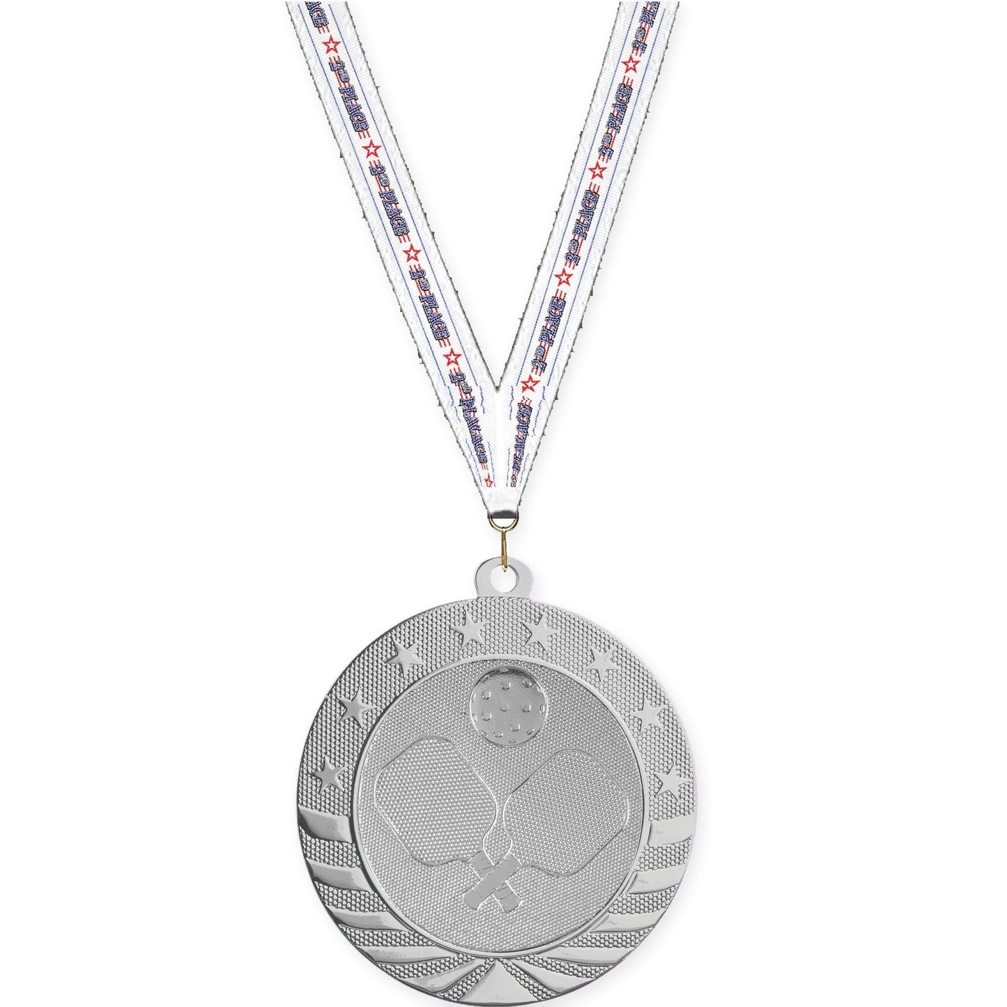 2 3/4 inch pickleball Starbrite medal in bright silver with 2nd Place neck ribbon