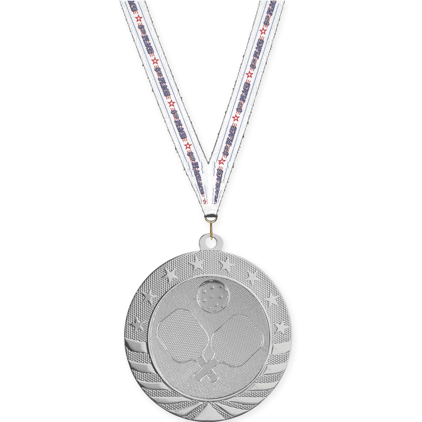 2 3/4 inch pickleball Starbrite medal in bright silver with 3rd Place neck ribbon