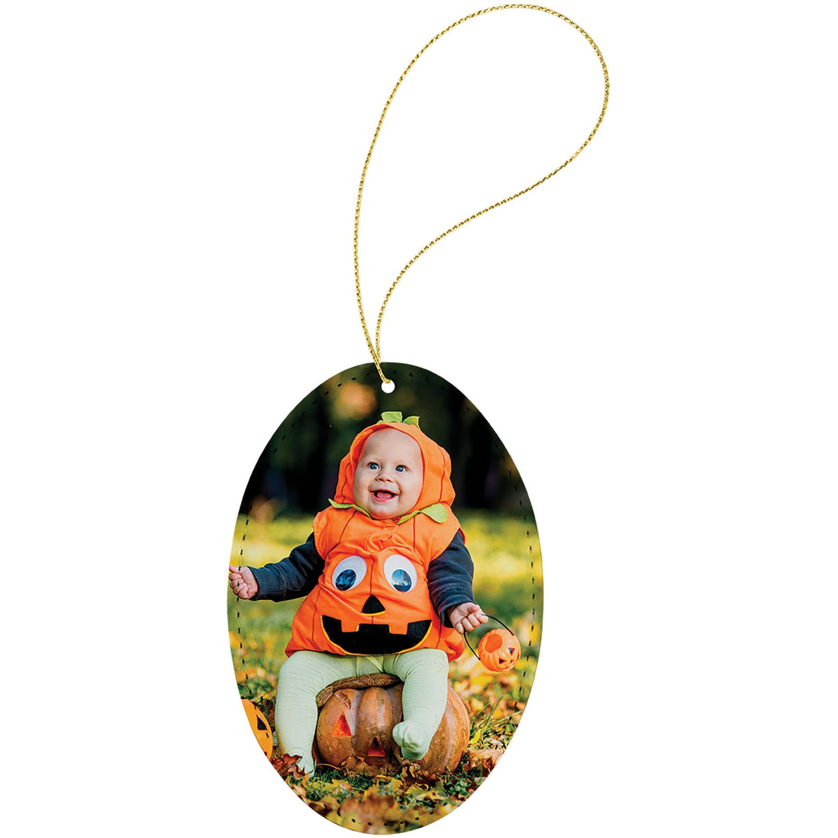 Oval (3" x 4 1/2") soft fabric photo ornament with gold hanger