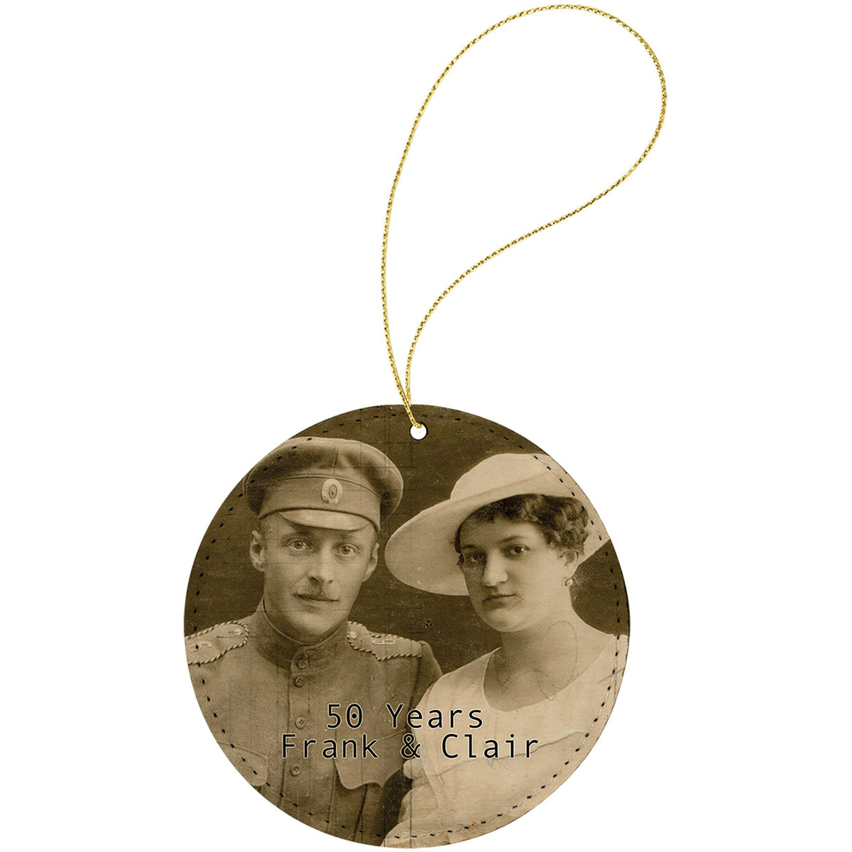 Round (3 3/4") soft fabric photo ornament with gold hanger