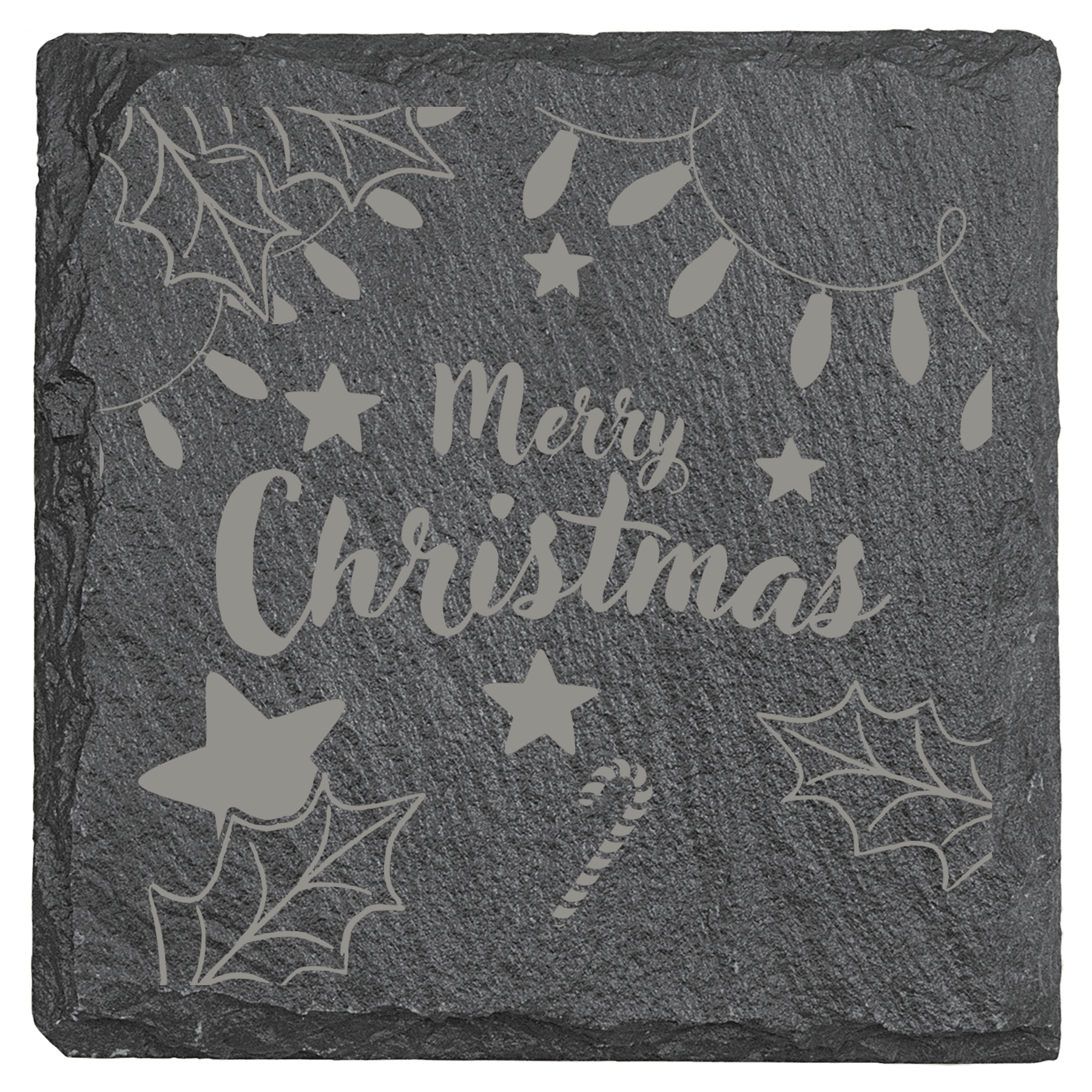 Slate coaster with 'Merry Christmas' engraving and festive designs on a white background