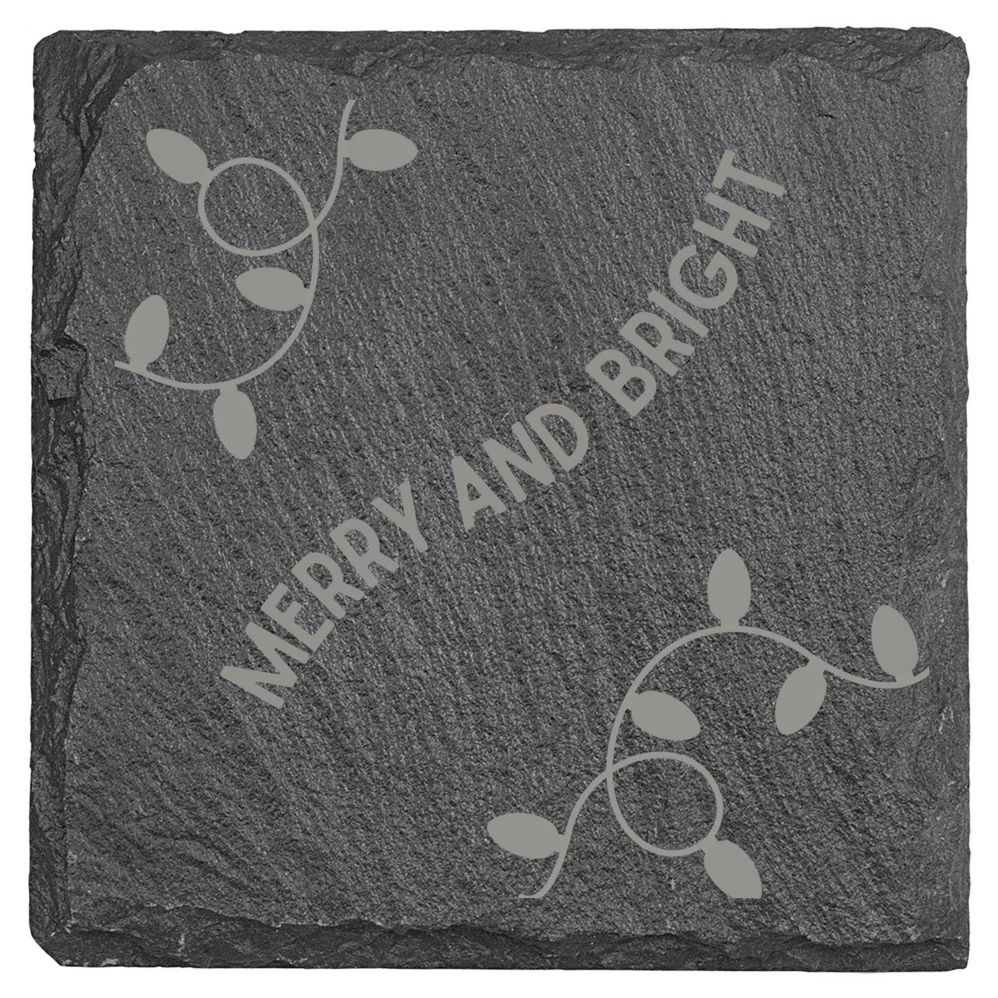 Slate coaster with 'Merry and Bright' text and christmas lights design on a clear background
