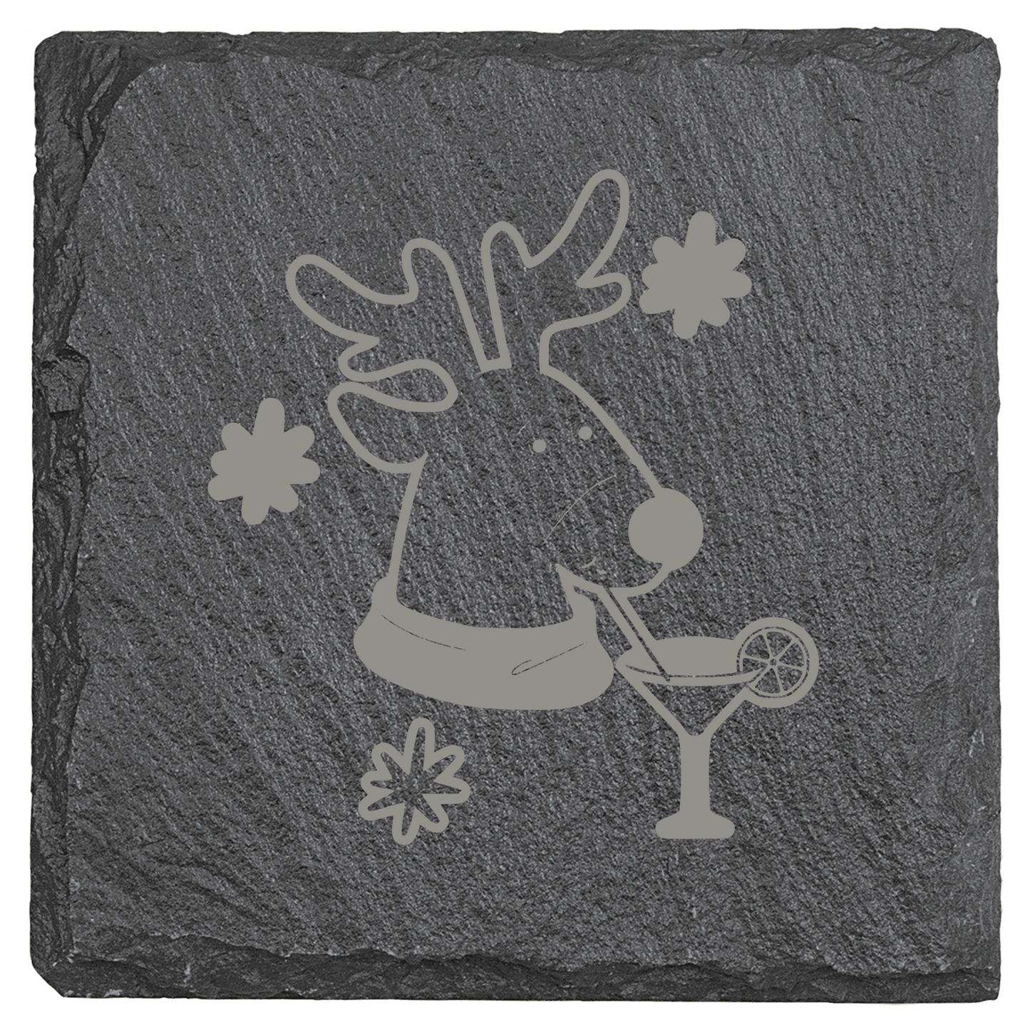 Slate coaster with a reindeer design holding a cocktail on a white background