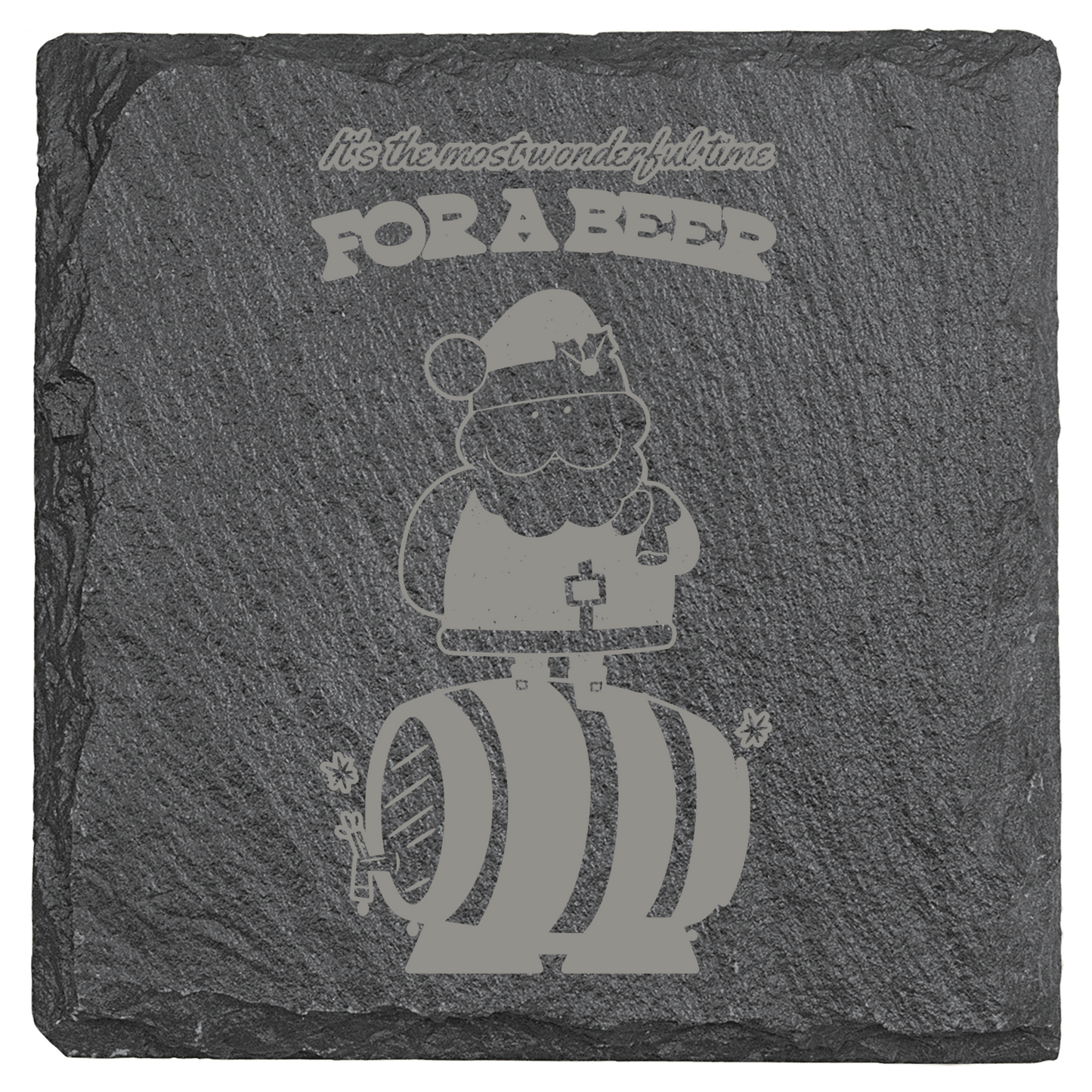 Slate coaster with engraved design of  Santa and text, on a white background