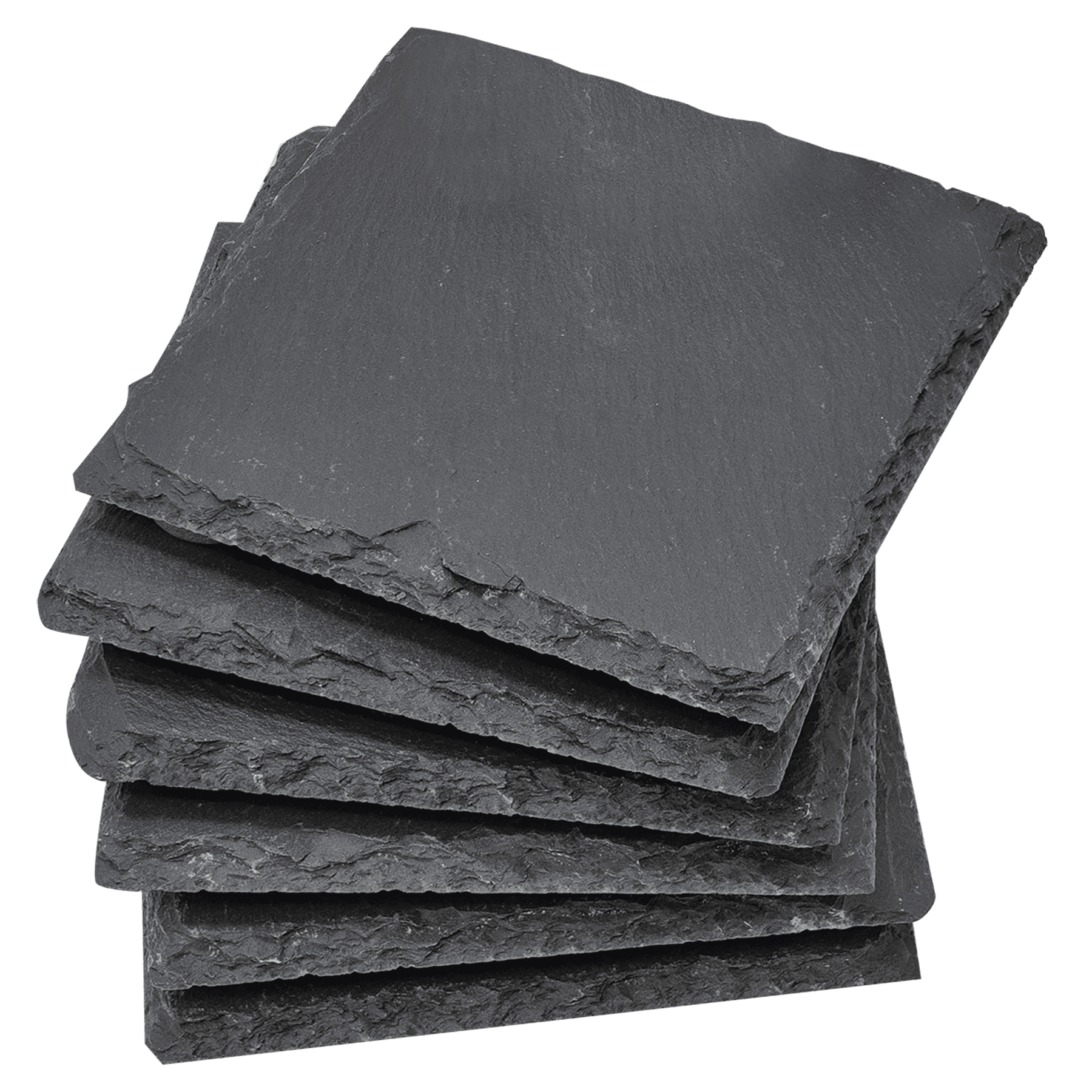 Stack of black slate coasters on a transparent background