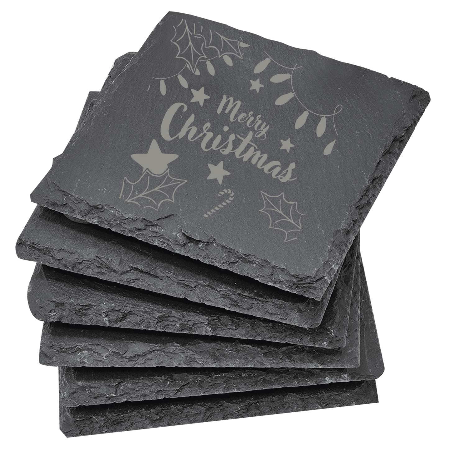 Set of slate coasters with 'Merry Christmas' engraving on a clear background