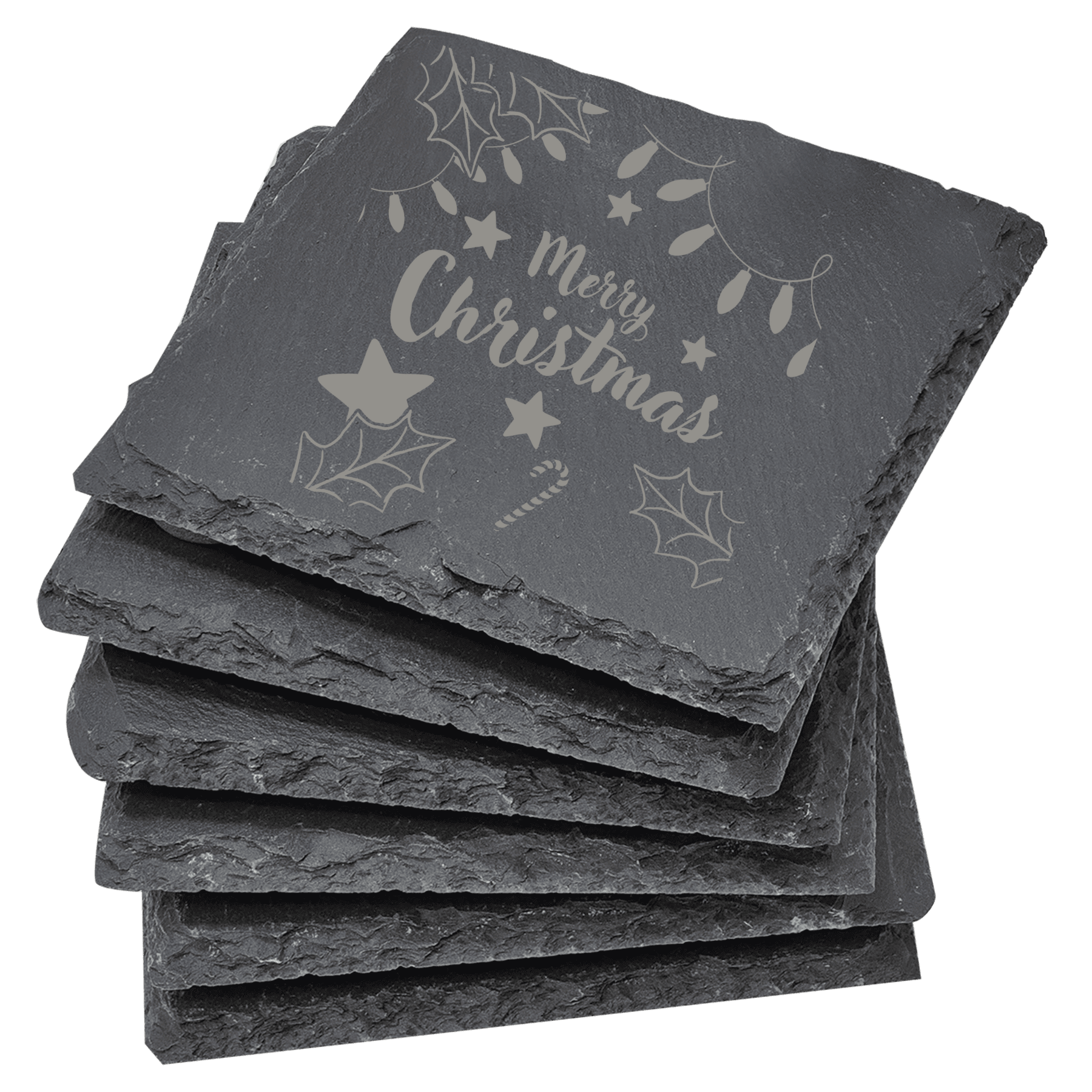 Set of slate coasters with 'Merry Christmas' engraving on a clear background