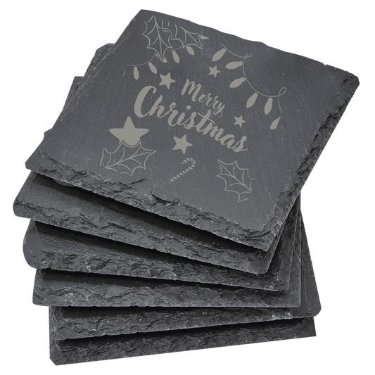 Set of slate coasters with 'Merry Christmas' engraving on a clear background