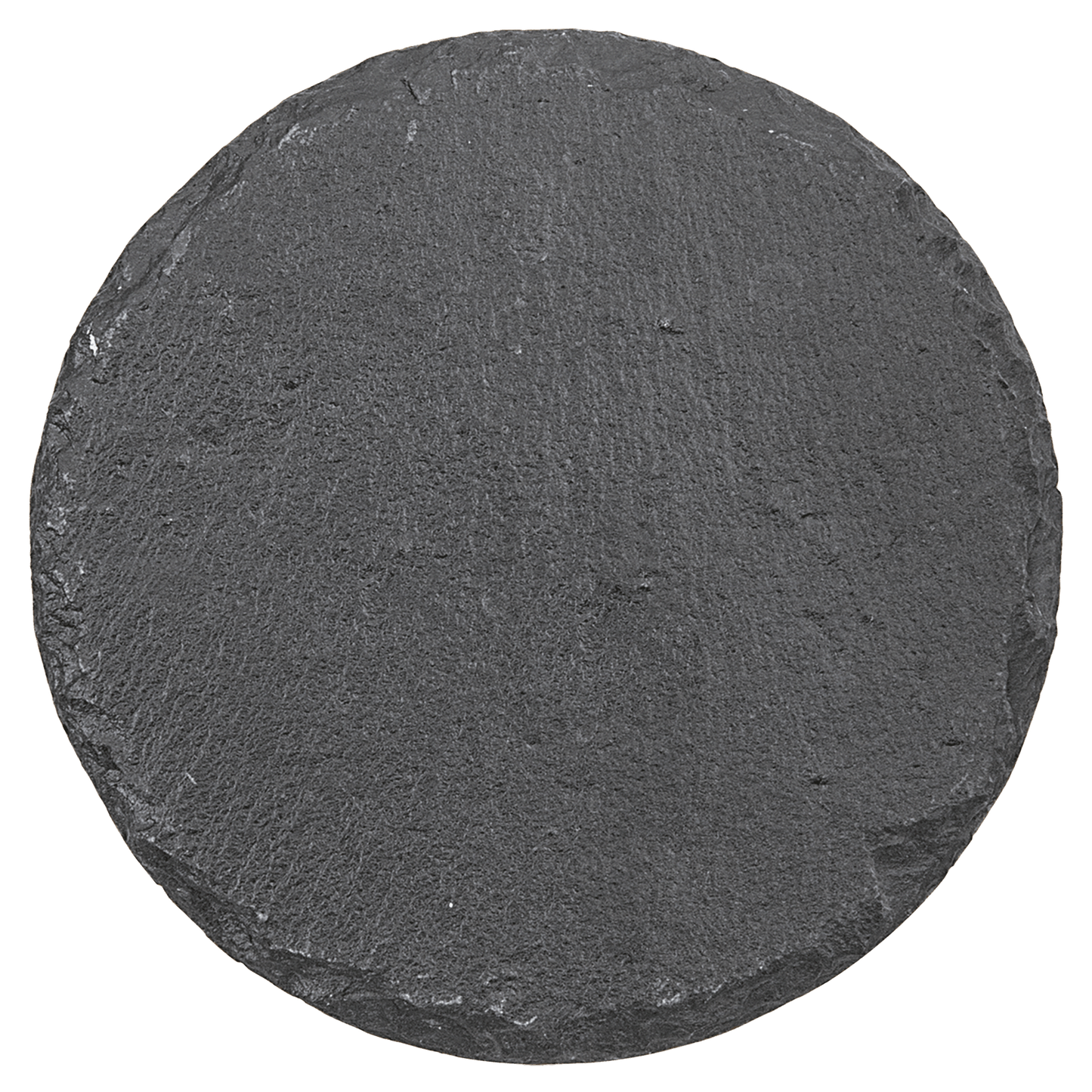 Round dark gray slate coaster on a clear background