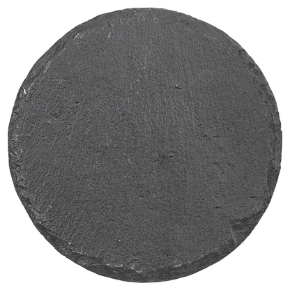 Round dark gray slate coaster on a clear background