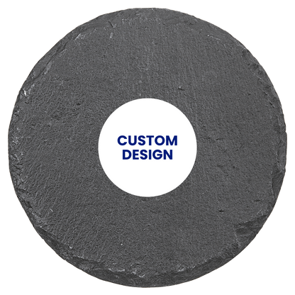 Round slate coaster with a central white circle displaying 'CUSTOM DESIGN' text.