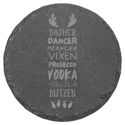 Round slate coaster with engraved text and deer antlers on a clear background