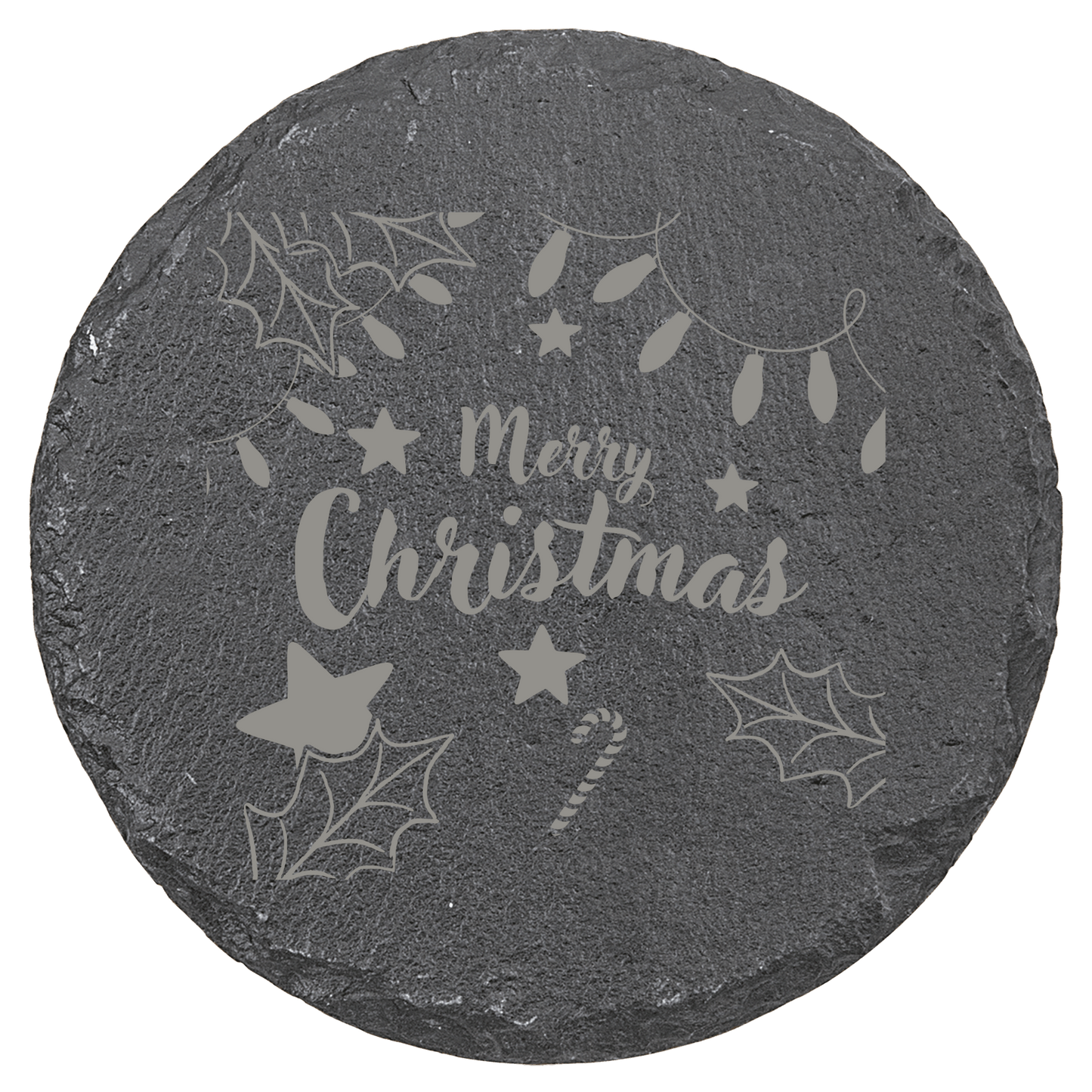 Round slate coaster with 'Merry Christmas' engraving and festive designs on a clear background