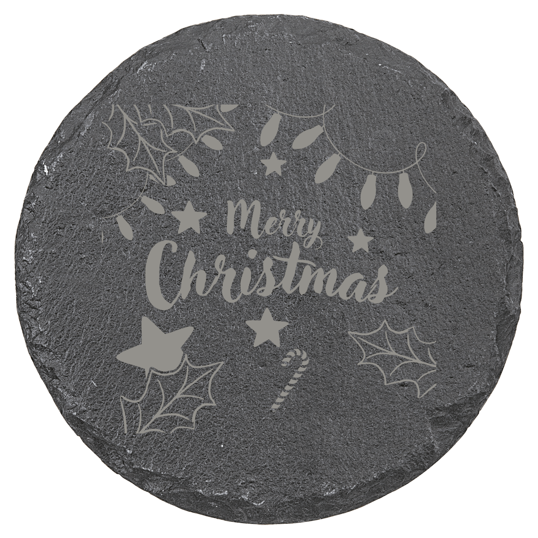 Round slate coaster with 'Merry Christmas' engraving and festive designs on a clear background