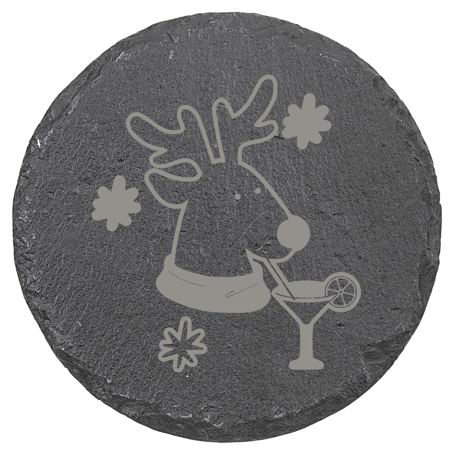 Round slate coaster with a reindeer design holding a cocktail on a clear background