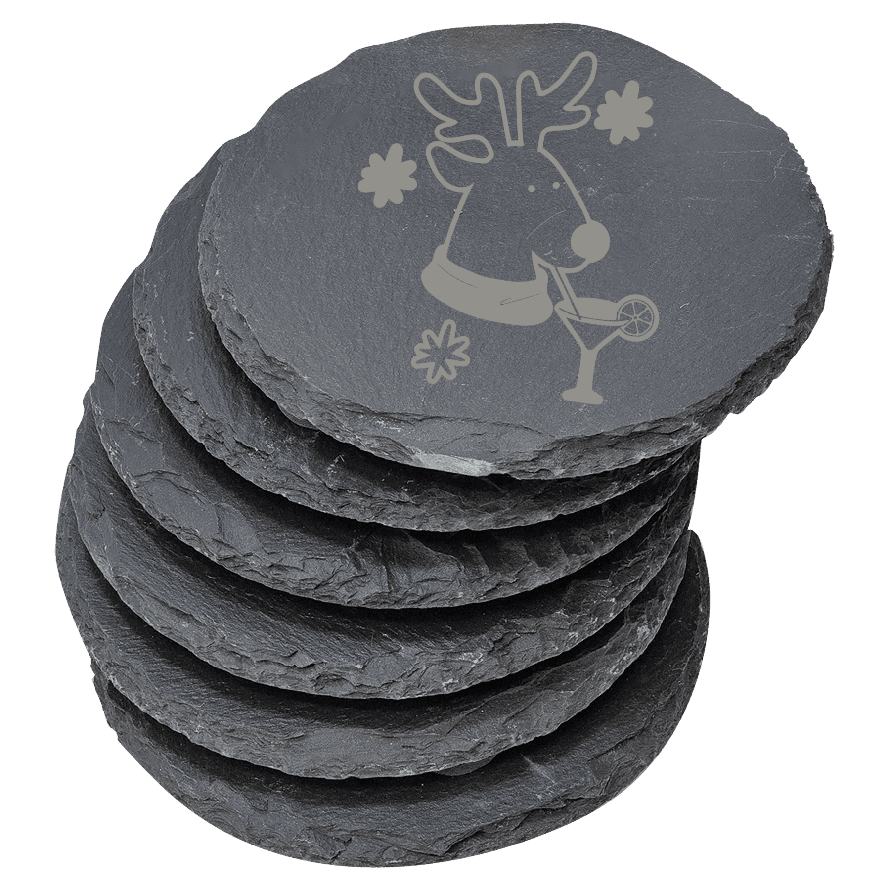 Set of six round slate coasters with a reindeer design on a clear background