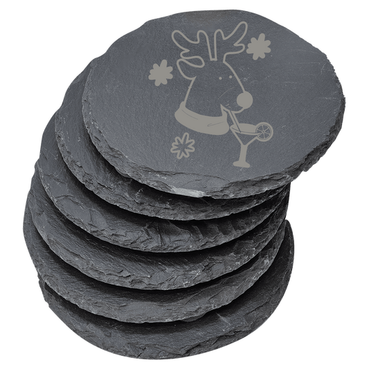 Set of six round slate coasters with a reindeer design on a clear background