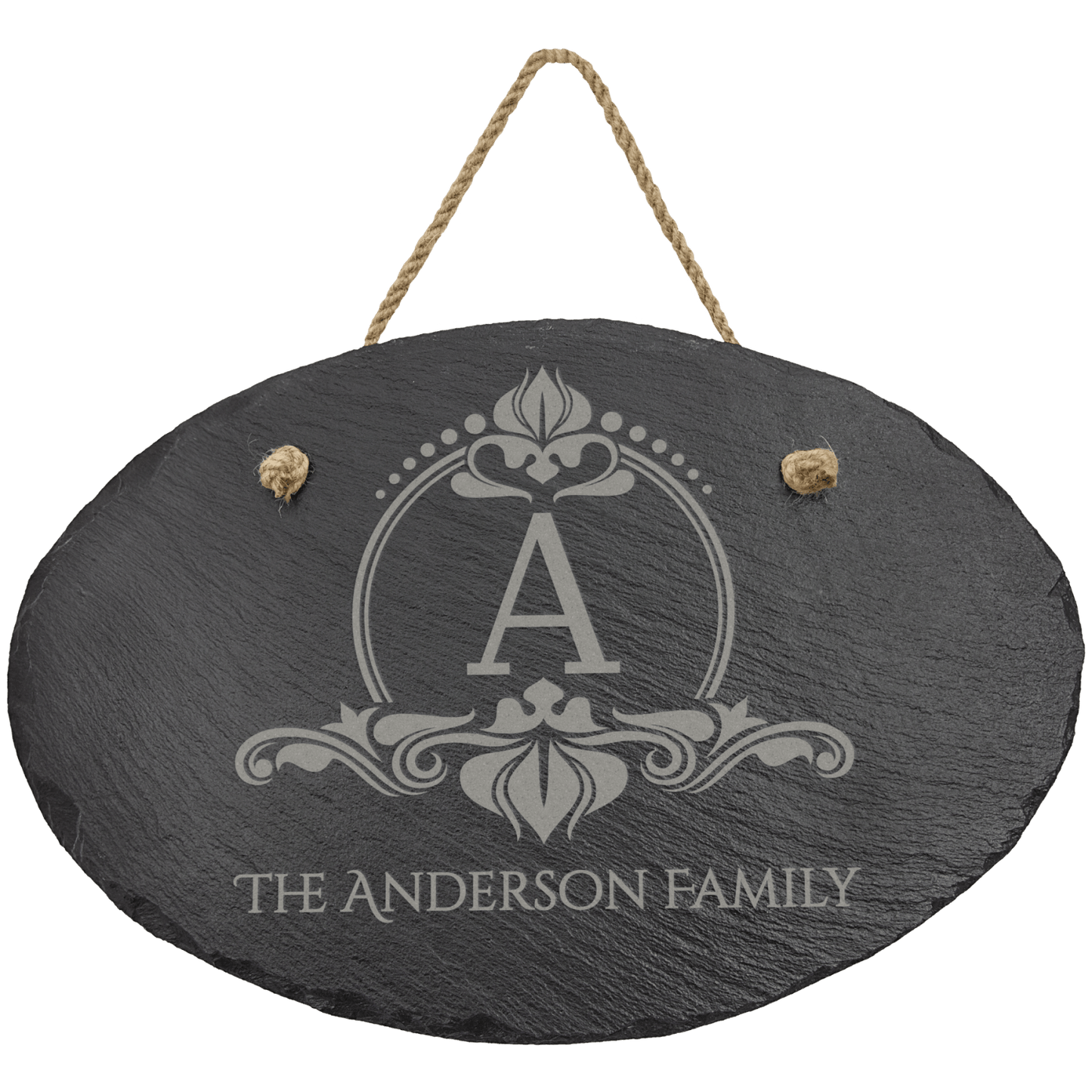 Personalized oval slate wall decor with hanging string, custom engraved – large 11¾ x 7¾ inch