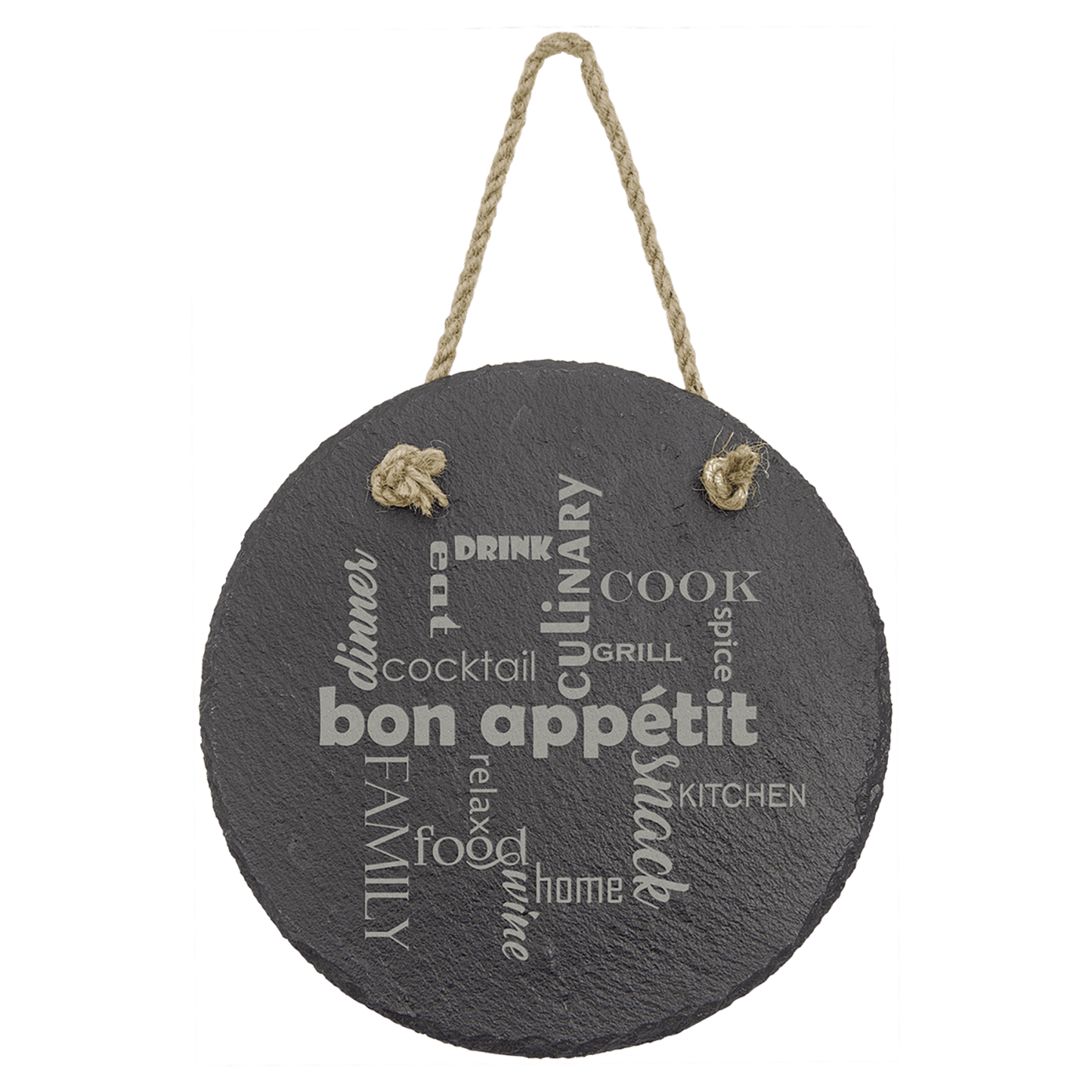 Personalized round slate wall decor with hanging string, custom engraved – small 7 inch