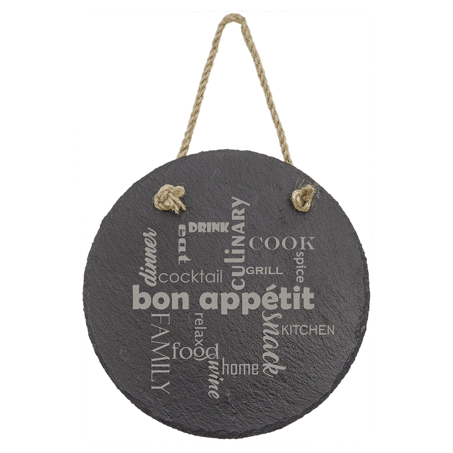 Personalized round slate wall decor with hanging string, custom engraved – small 7 inch