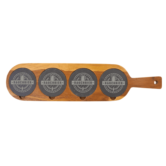 Acacia wood and slate serving board with handle and removable slate coasters, personalized with engraving