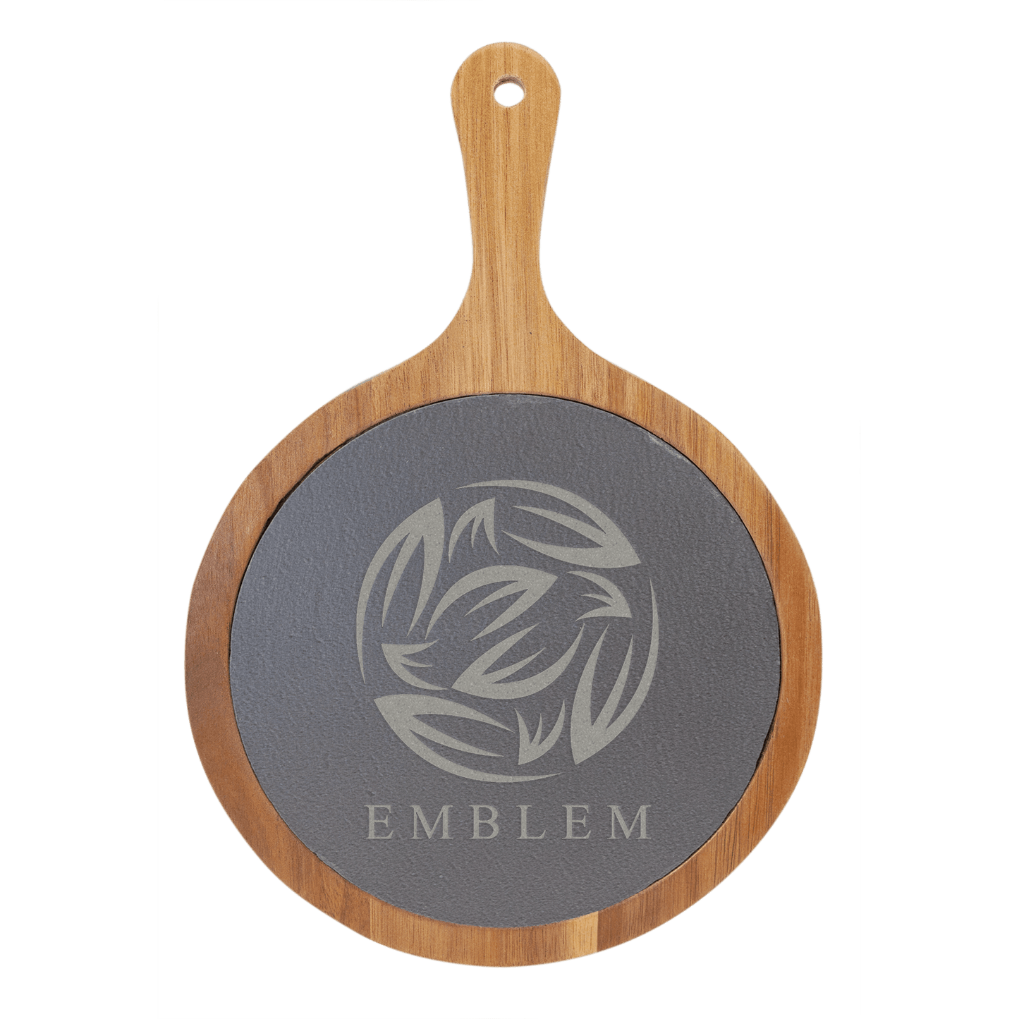 Wooden serving board with a dark slate circular surface featuring a design and the word 'EMBLEM'.