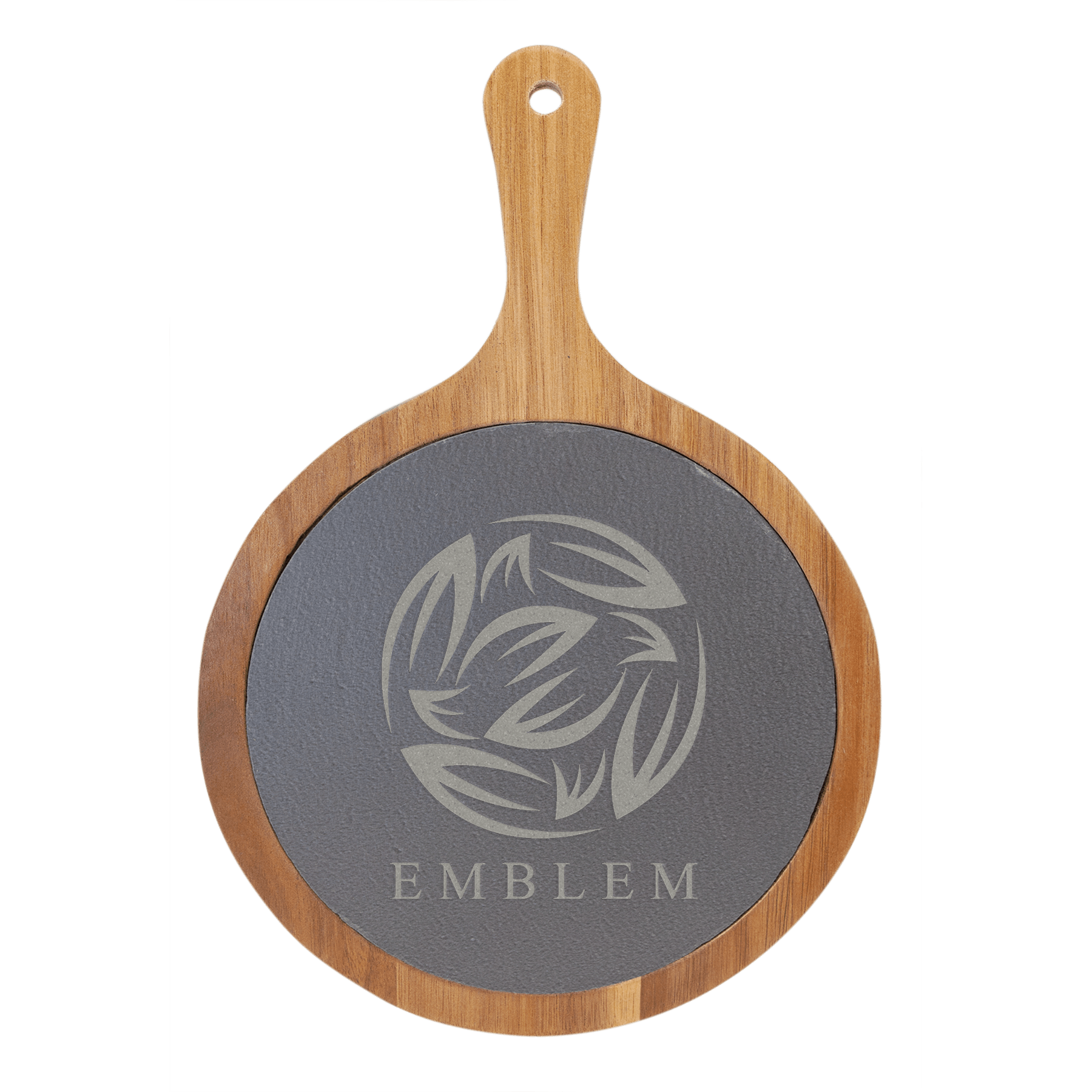 Wooden serving board with a dark slate circular surface featuring a design and the word 'EMBLEM'.
