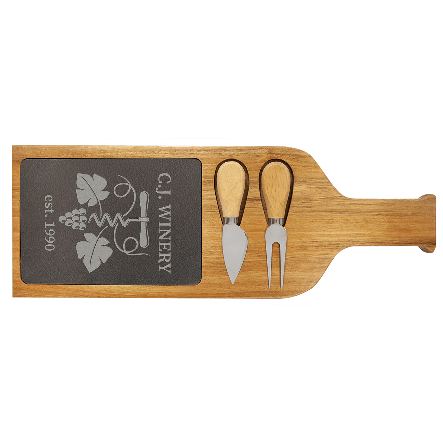 Wooden cheese board with C.J. Winery branding and two utensils on a clear background