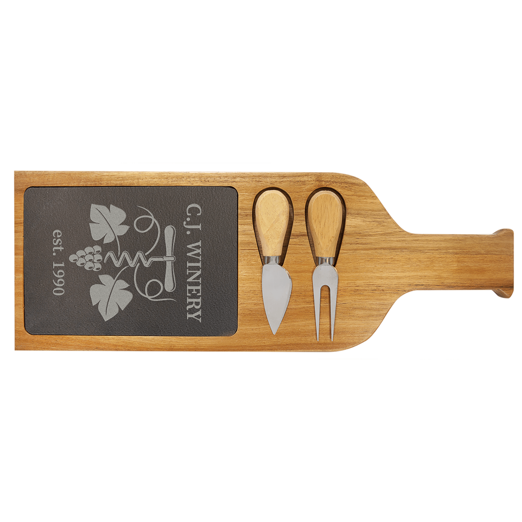Wooden cheese board with C.J. Winery branding and two utensils on a clear background