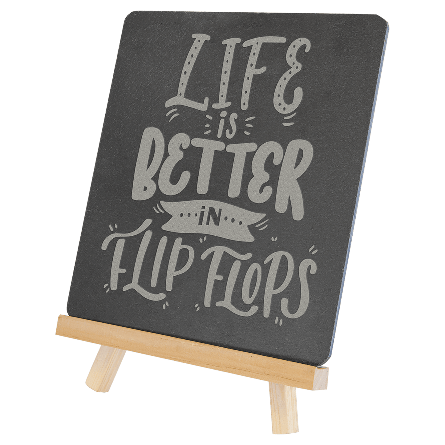 Personalized slate decor on wood easel stand, custom engraved – small 6¾ x 7¾ inch