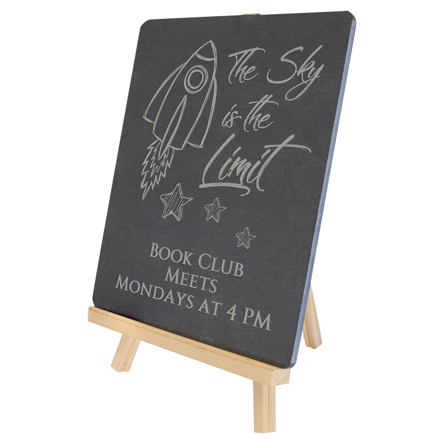 Personalized slate decor on wood easel stand, custom engraved – large 8¼ x 9½ inch